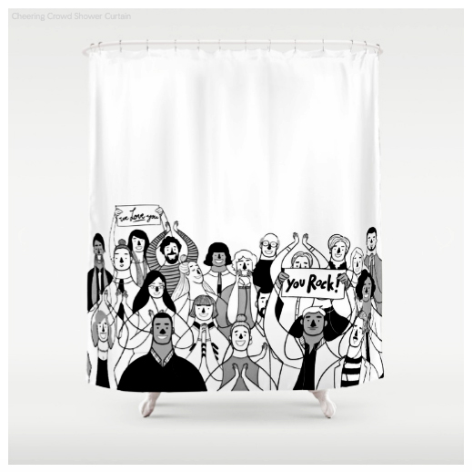 Shower curtain design with cheering crowd illustrated by Denise Tolentino
